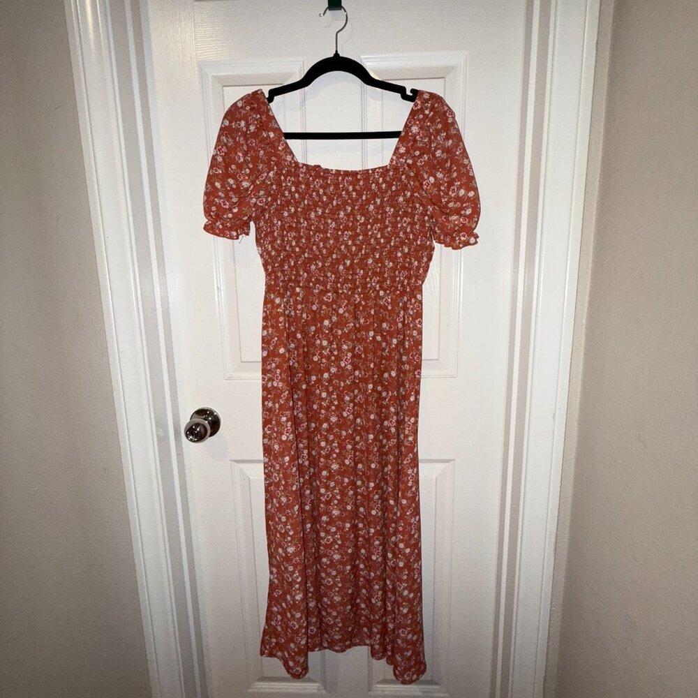 Hesperus Women's Large Orange White Floral Split Thigh Maxi Midi Dress